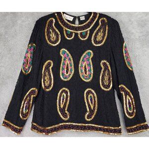 Laurence Kazar Shirt  Womens XL Black Silk Gold Sequined Long Sleeve Vintage